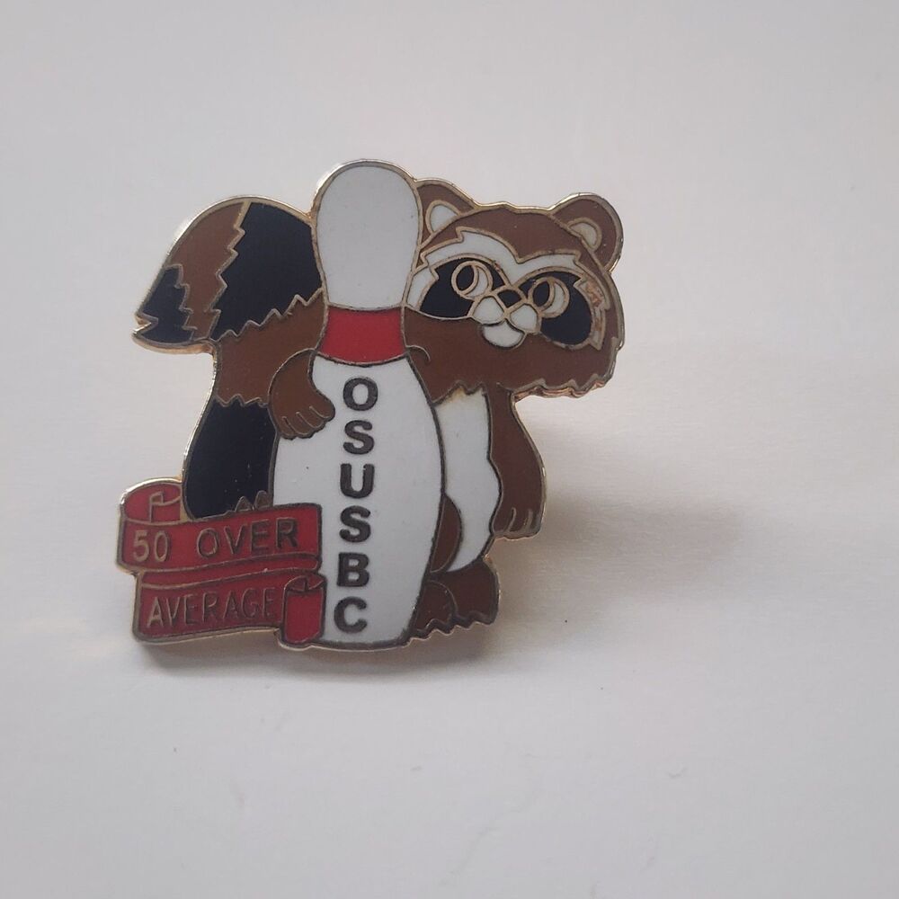 VINTAGE BOWLING AWARD PIN Raccoon 50 OVER AVERAGE OSUSBC Collectible Lapel Tack